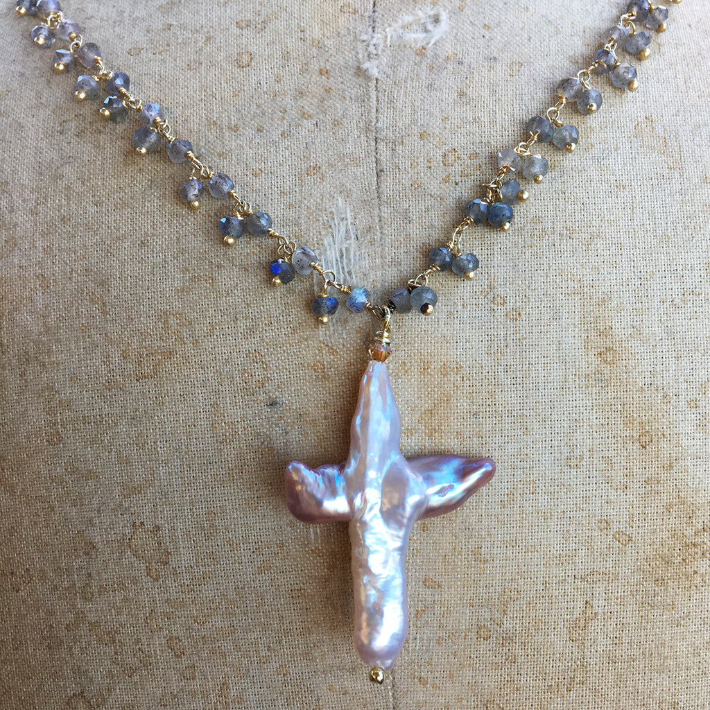 Pearl Cross on Labradorite Chain Necklace