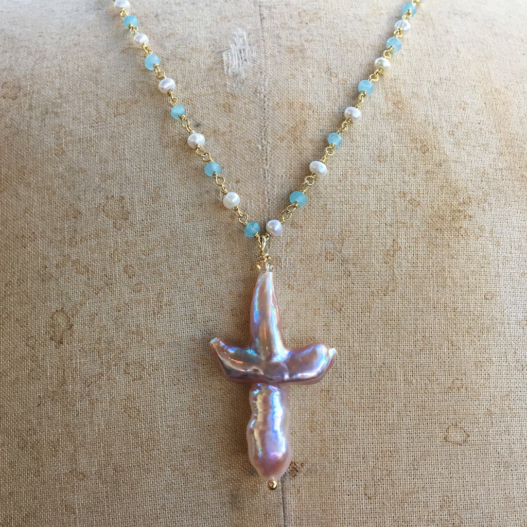 Pearl Cross on Pearl and Aqua Chain Necklace