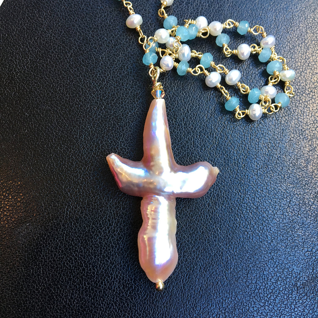 Pearl Cross on Pearl and Aqua Chain Necklace