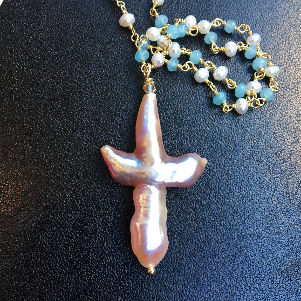 Pearl Cross on Pearl and Aqua Chain Necklace