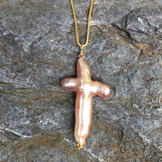 Pearl Cross on Gold Chain Necklace