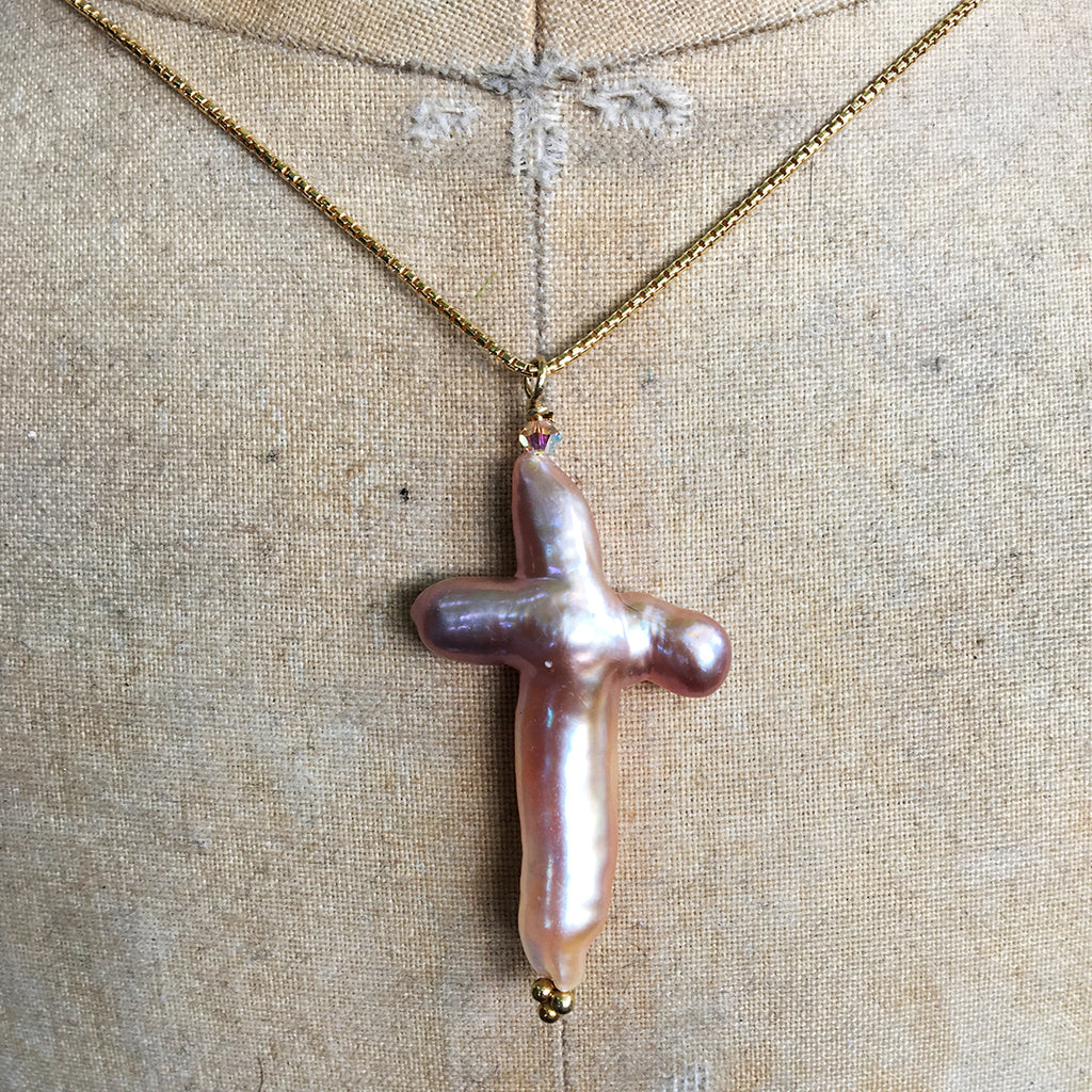 Pearl Cross on Gold Chain Necklace