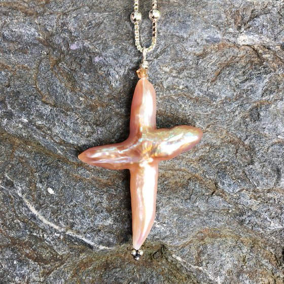 Pearl Cross on Silver Chain Necklace