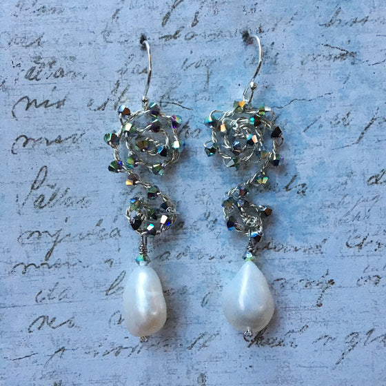 Pearl Earrings On Medium Crystal Scroll