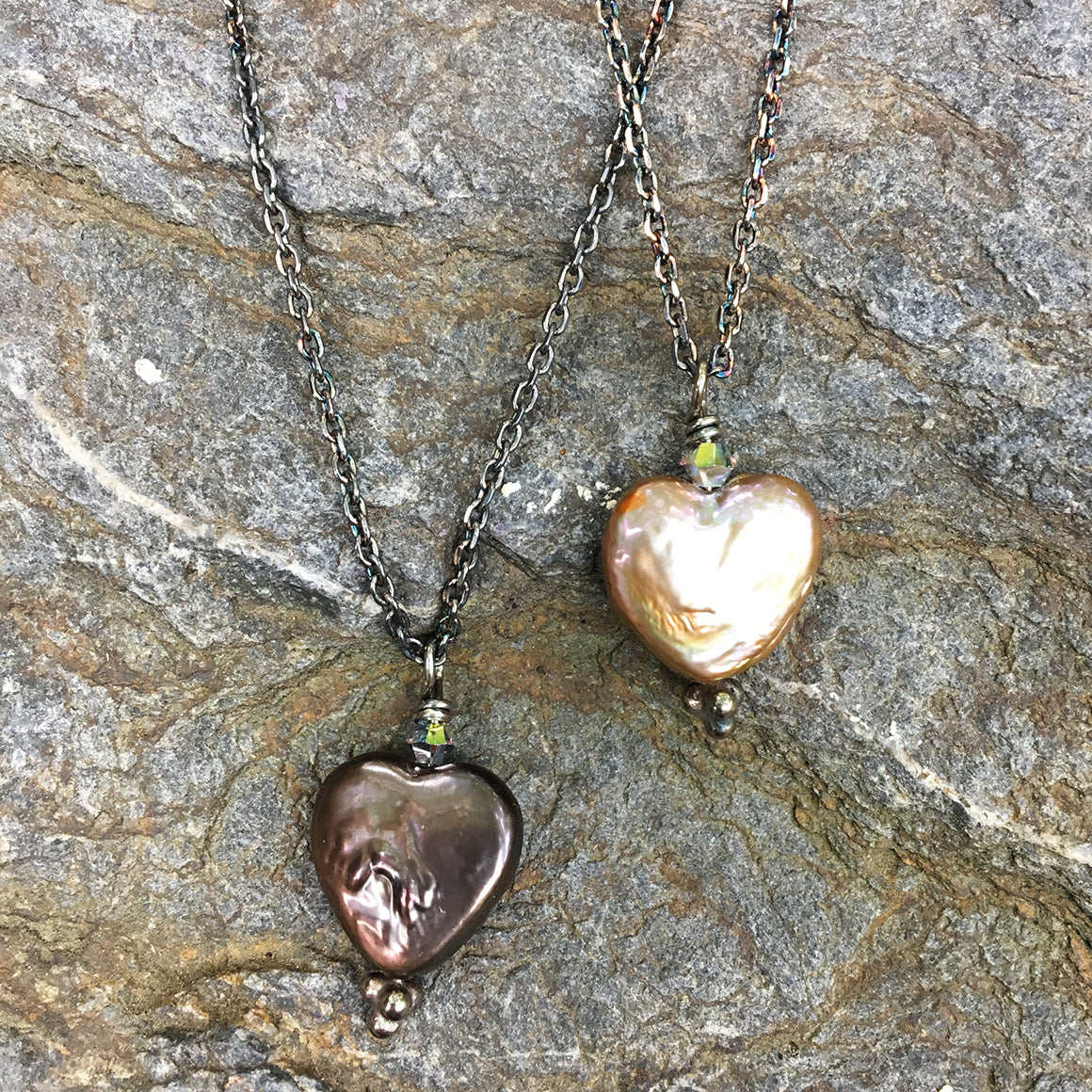 Pearl Heart on Oxidised Silver Chain Necklace