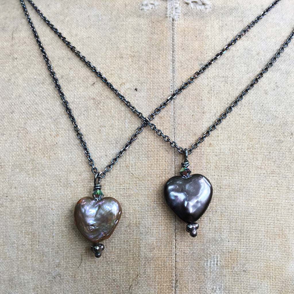 Pearl Heart on Oxidised Silver Chain Necklace
