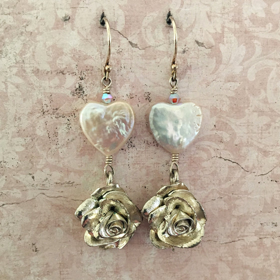 Pearl Heart and Rose Earrings