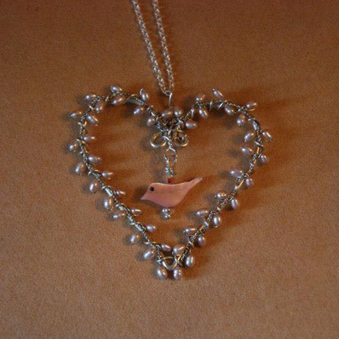 Pearl Heart Wreath Bird Necklace