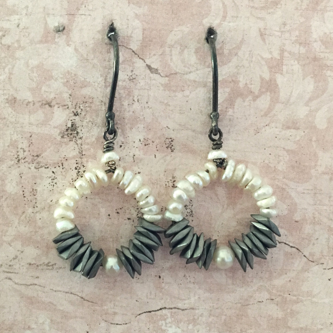Pearl and Haematite Hoop Earrings