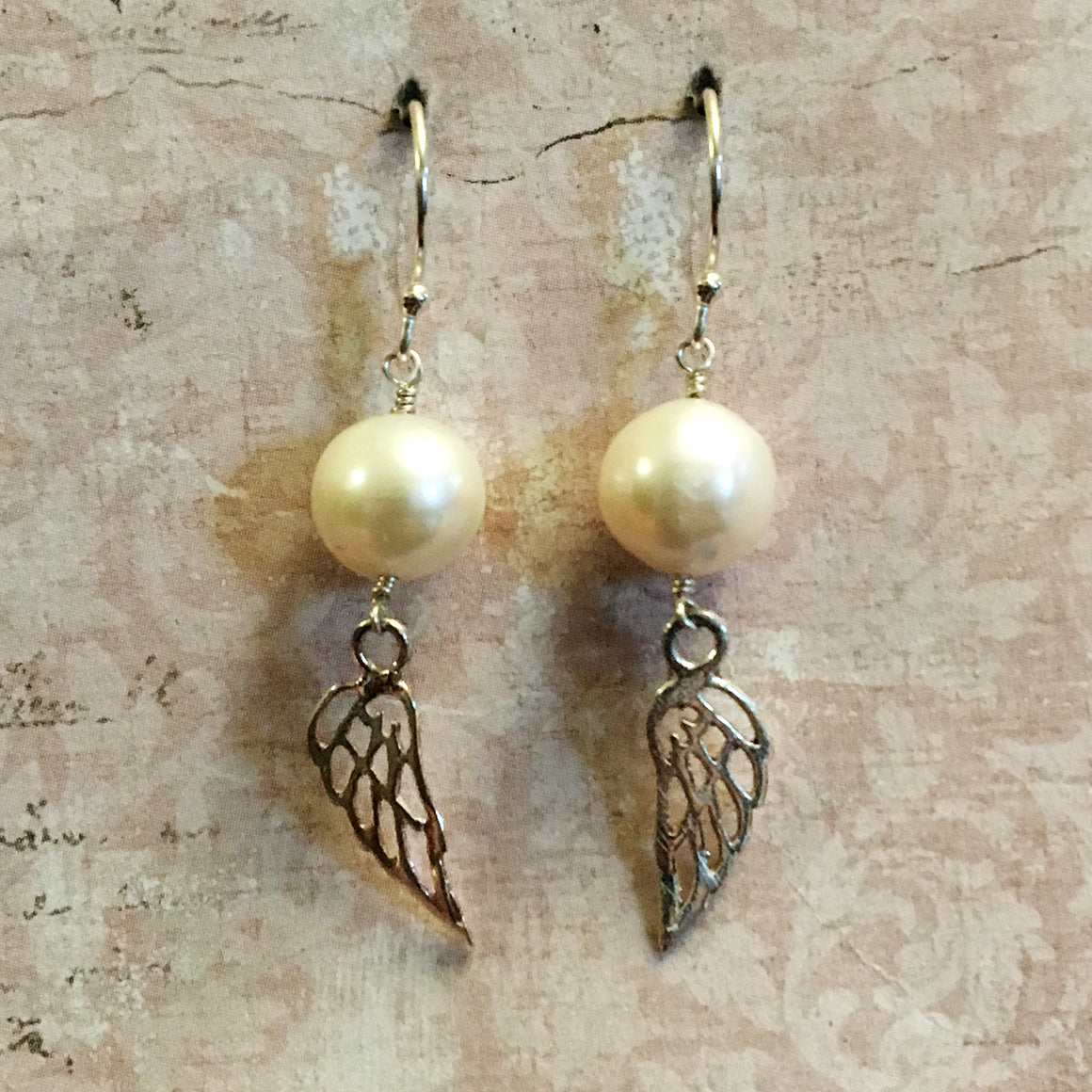 Pearl and Silver Angel Wing Earrings