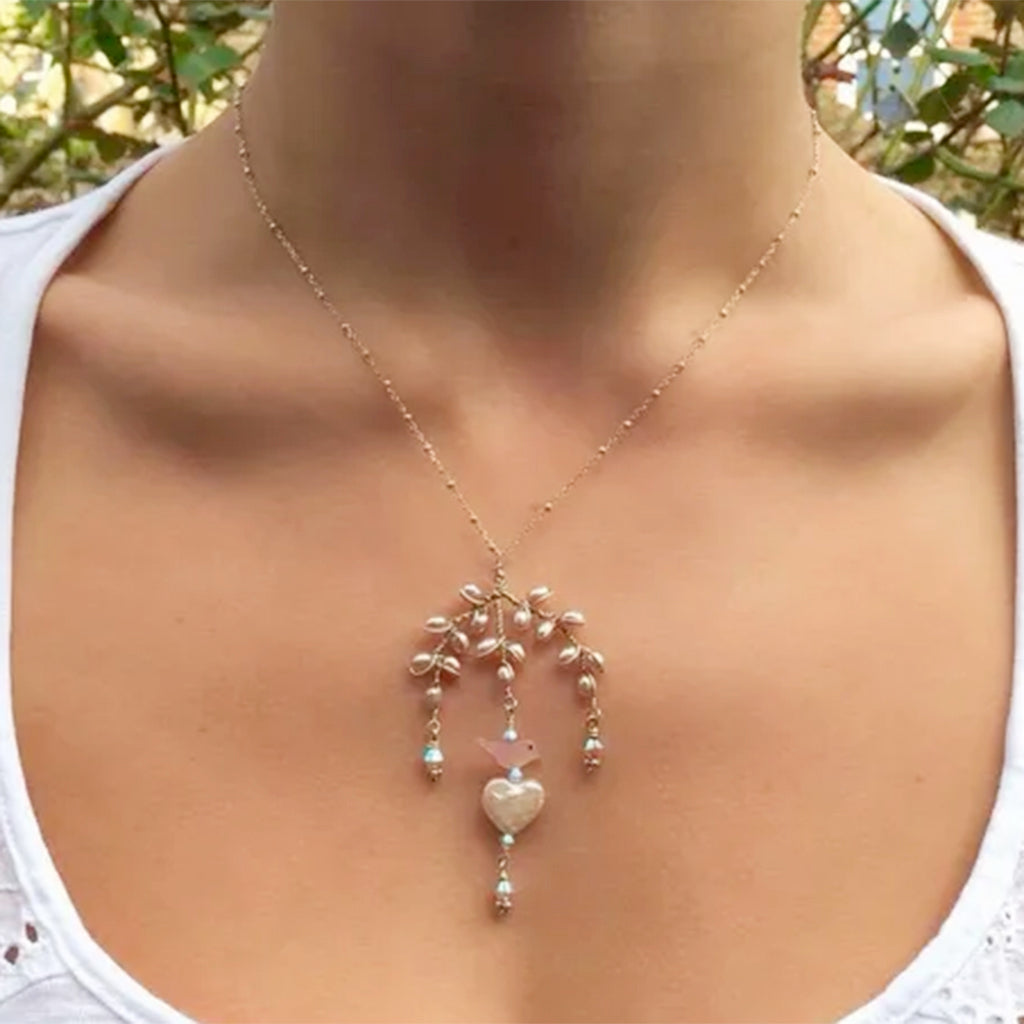 Pink Pearl Branch and Bird Necklace