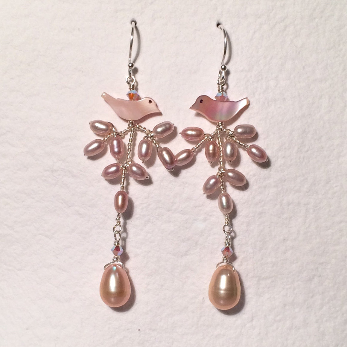 Pink Branch Bird Pearl Earrings