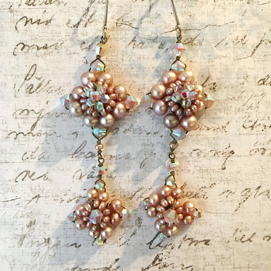 Pink Pearl and Sand Opal Double Earrings
