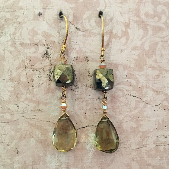 Pyrites Cube and Beer Quartz Briolette Earrings