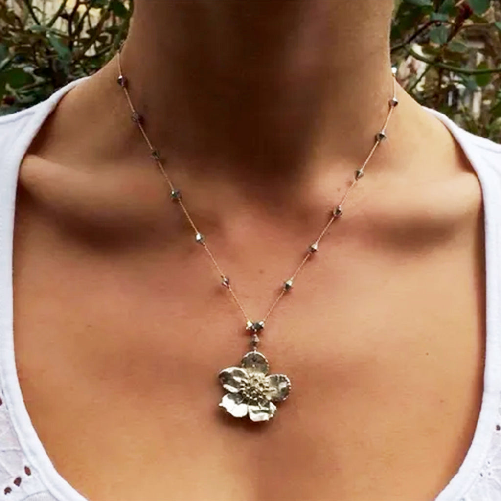 Silver Plated English Pewter Flower on Swarovski Crystal Necklace