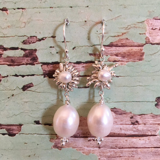 Silver Daisy and Drop Pearl Earrings