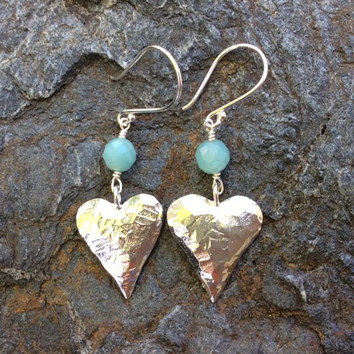 Silver Plated Pewter Hearts with Amazonite Earrings