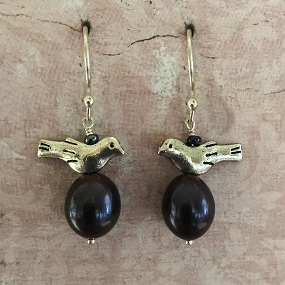Silver Tone Bird and Pearl Earrings