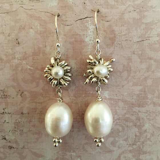 Silver Daisy and Drop Pearl Earrings