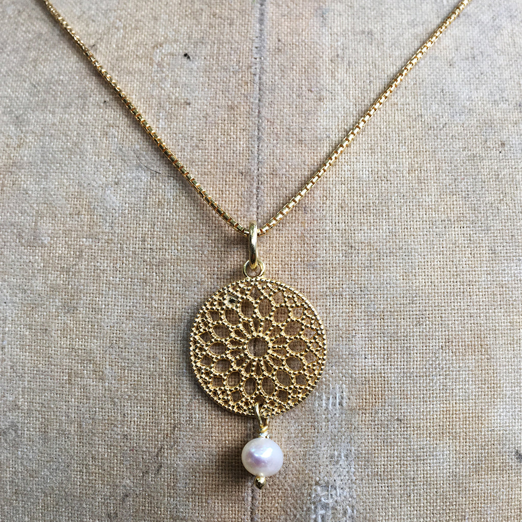 Small Gold Filligree Pendant with Drop Pearl Necklace