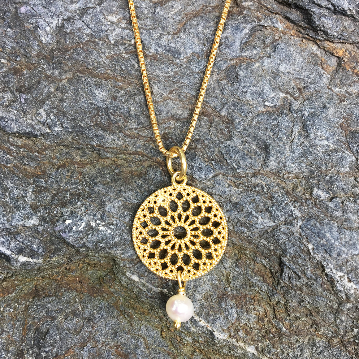Small Gold Filligree Pendant with Drop Pearl Necklace