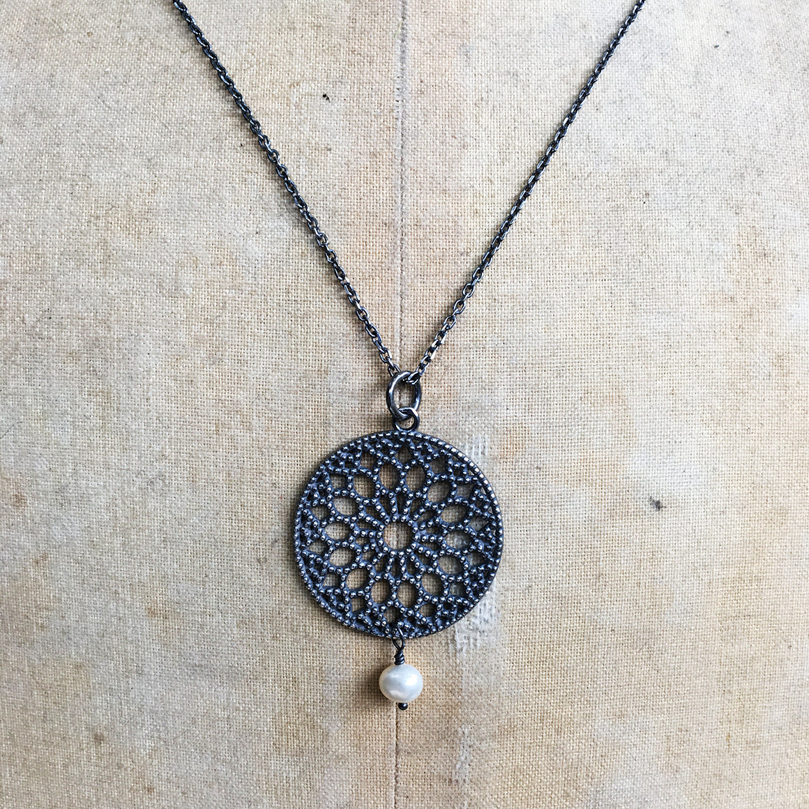 Small Oxidised Filligree Pendant With Drop Pearl Necklace