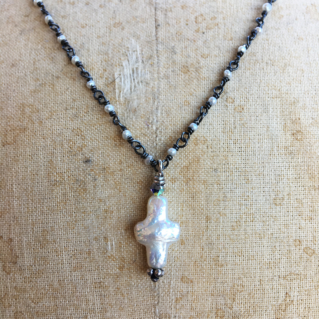 Small Pearl Cross on Oxidised Fine Pearl Chain Necklace
