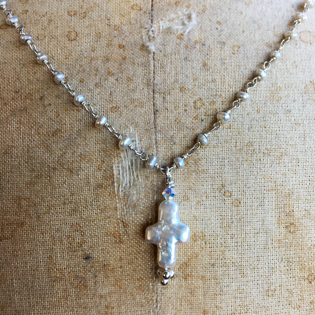 Small Pearl Cross on Pearl Chain Necklace
