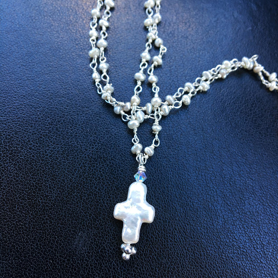 Small Pearl Cross on Pearl Chain Necklace
