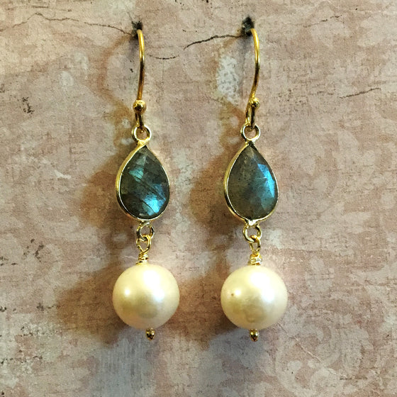 Tear Shaped Labradorite and Pearl Earrings
