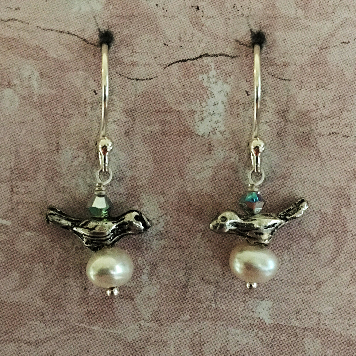 Tiny Bird and Pearl Earrings