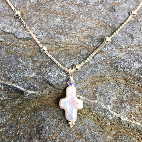 Tiny Pearl Cross on Silver Chain Necklace