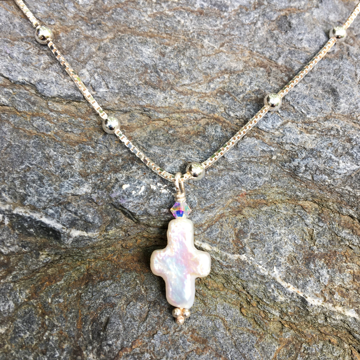 Tiny Pearl Cross on Silver Chain Necklace