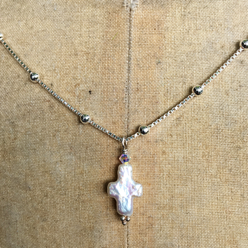 Tiny Pearl Cross on Silver Chain Necklace