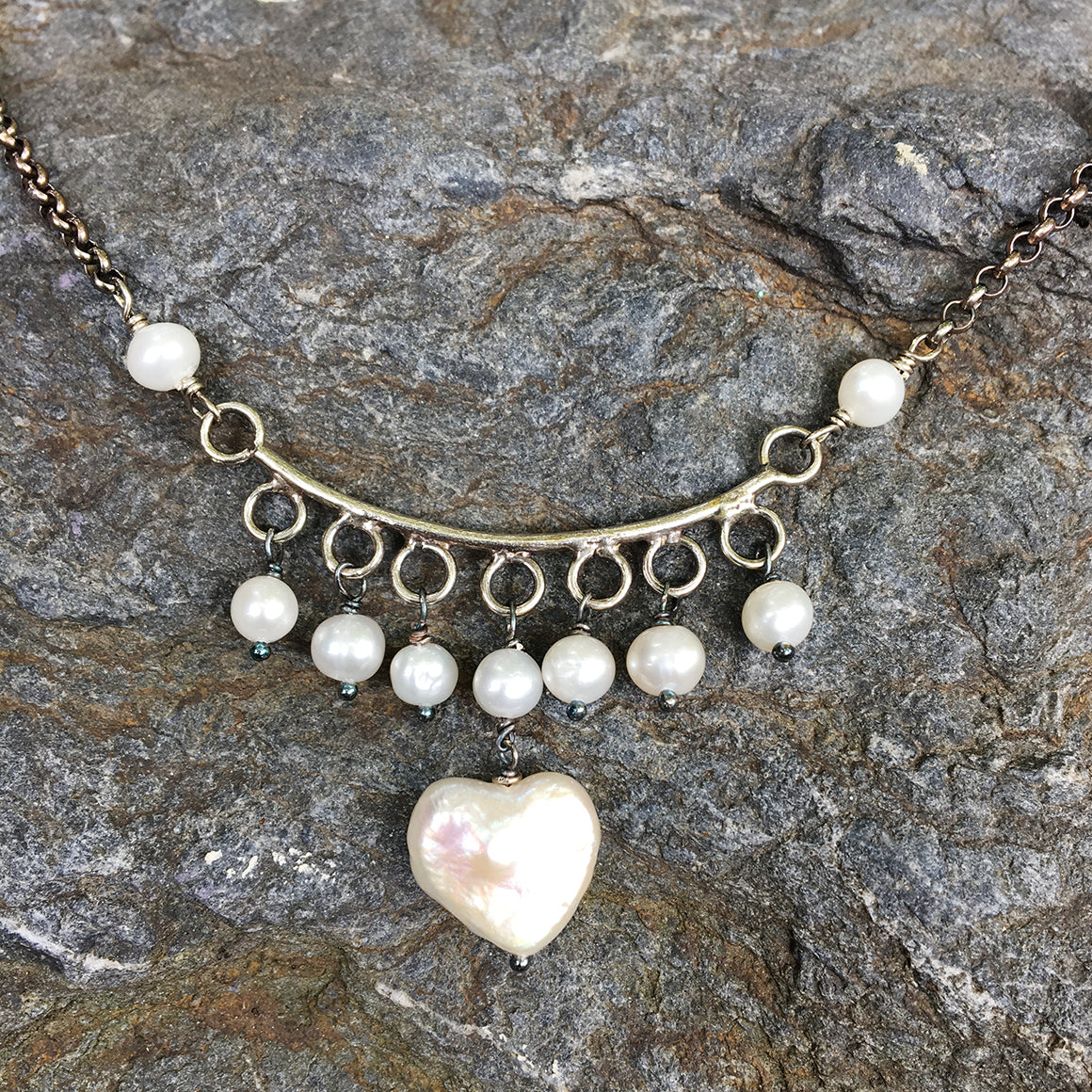 White Pearl Heart Crescent Necklace