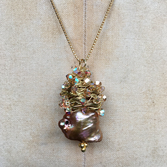 Crystal Wrapped Golden Baroque Pearl Necklace